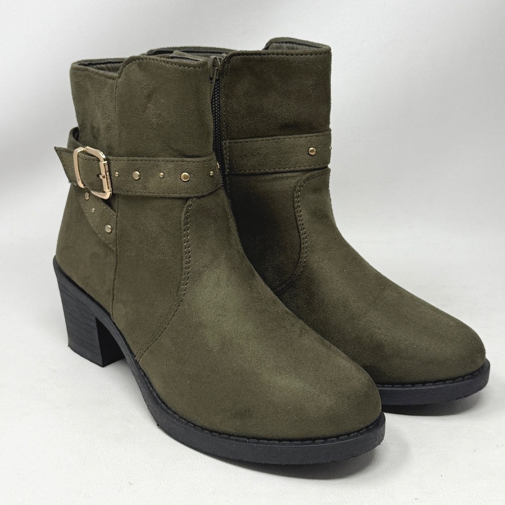 Women Olive Green Ankle Boot 7 Faux Suede Buckle Tailored Preppy Academia Casual